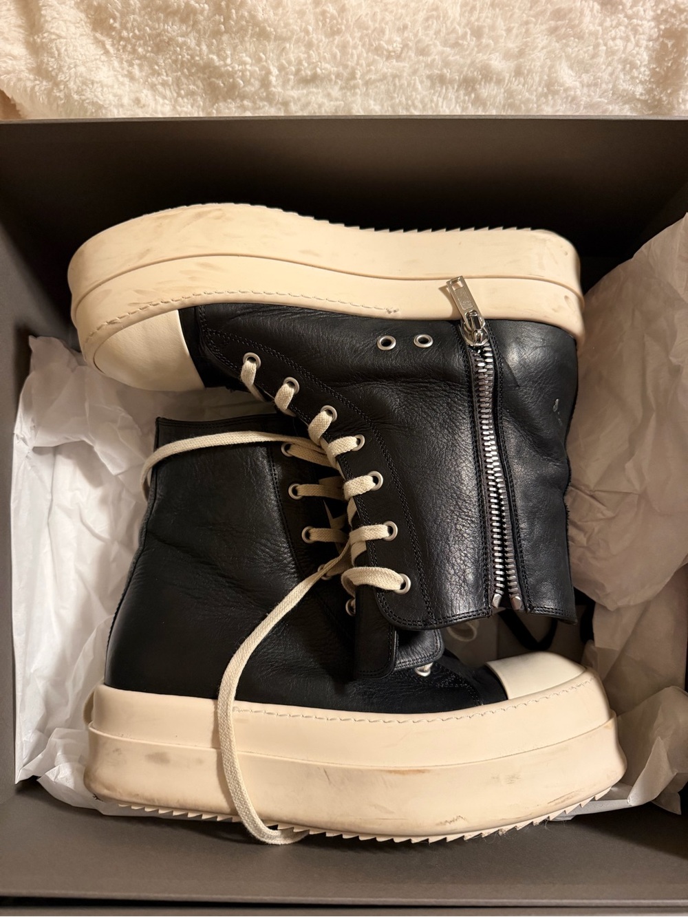 Rick Owen’s Black Leather High-Top Platform Sneakers with Side Zip